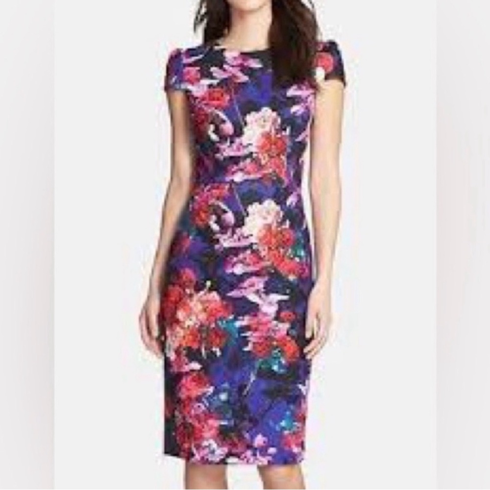 Betsey Johnson Bold Floral Cap-Sleeve Midi Dress, Size 12, Watercolors